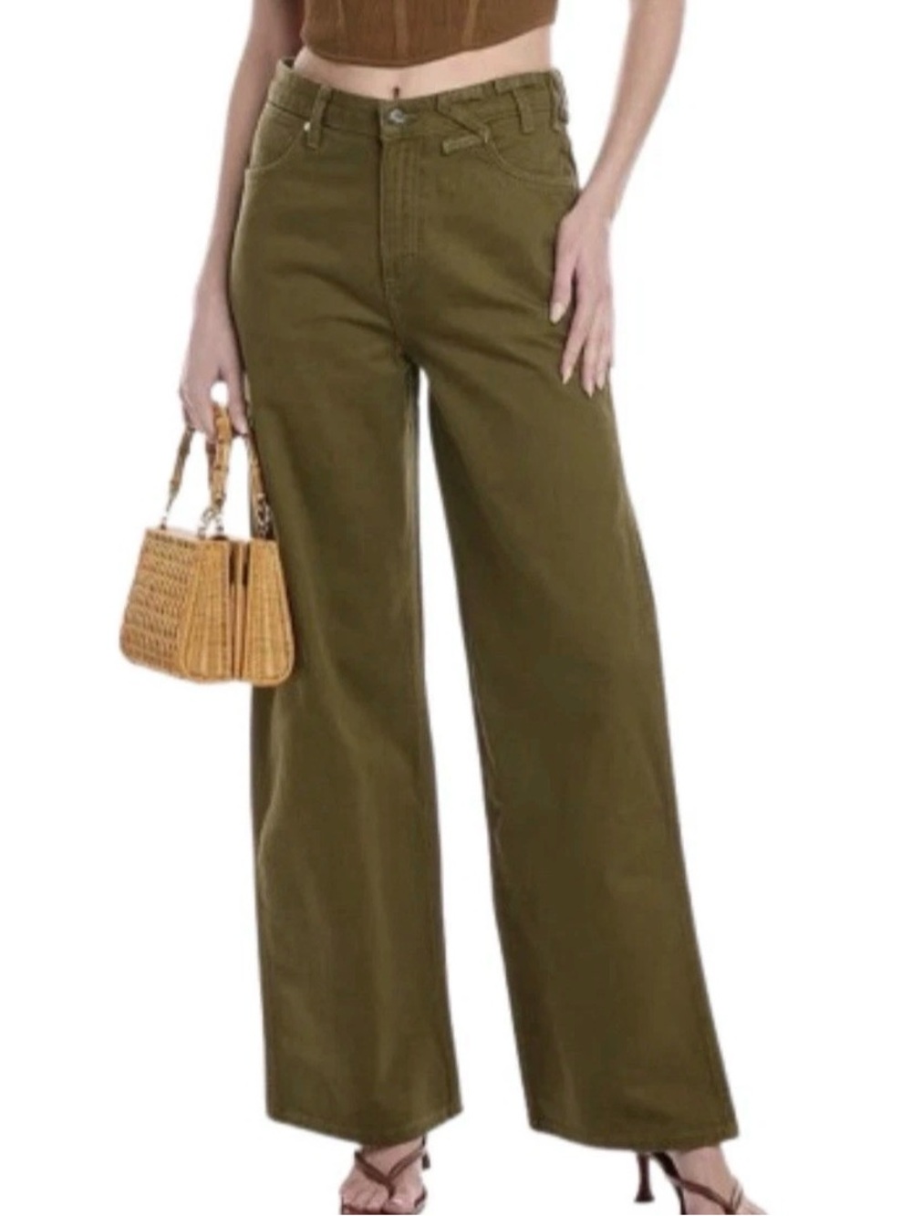 Staud + Wrangler Women's Size 25x32 The Loose Wide Leg Jeans Olive Green NWT
